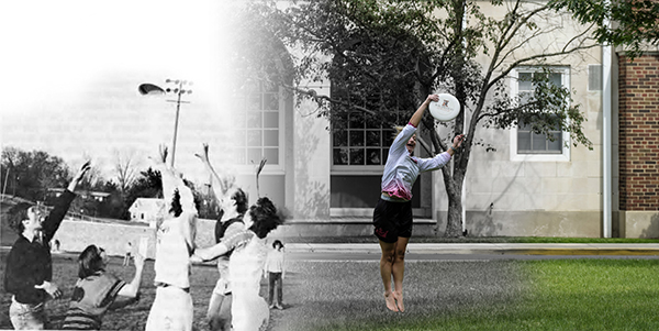 Merged photo showing frisbee players the 70's and today