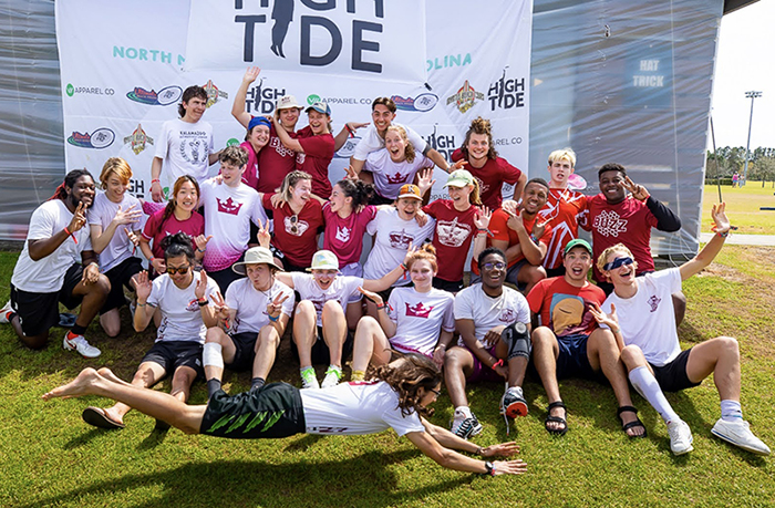 K's ultimate frisbee team pose at the High Tide tournament.