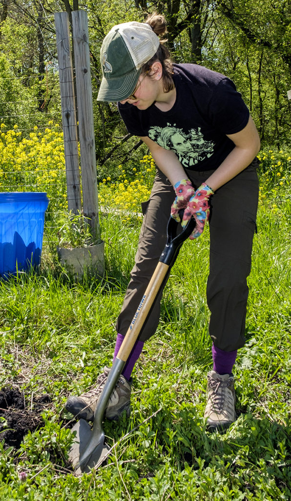 Student digging in the dirt with a shovel