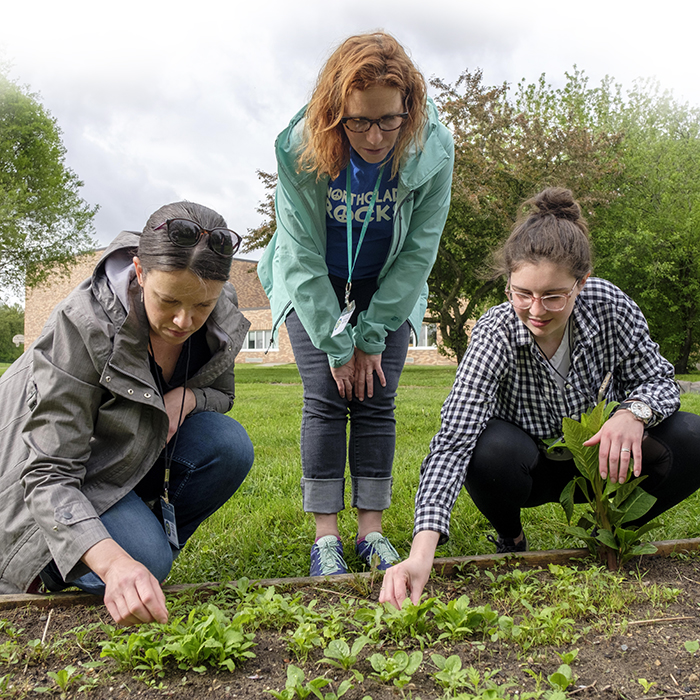 Erin Cramer, Amelia Katanski and Natalie Thompson picking plants in a planter