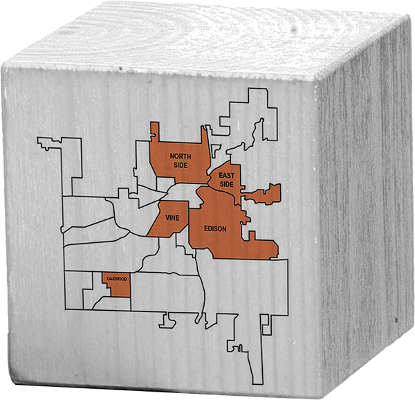 Map of neighborhoods served by Building Blocks: North Side, East Side, Edison, Vine, and Oakwood