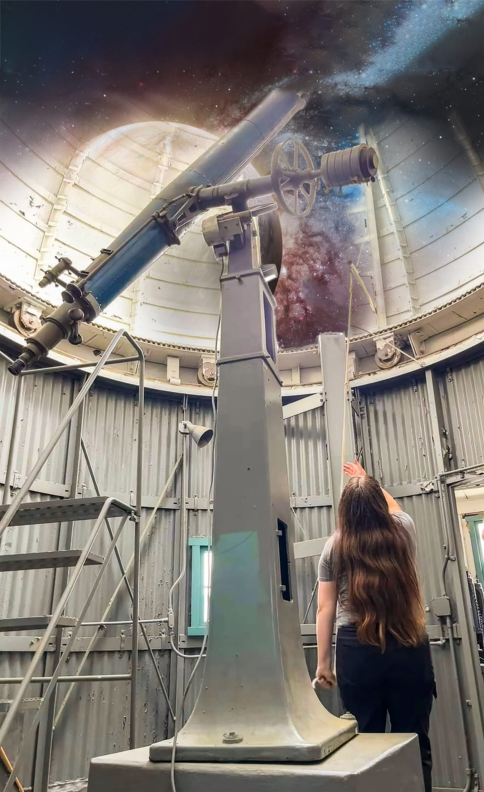  Roberts operates a historic 1800s telescope used for astronomy education.