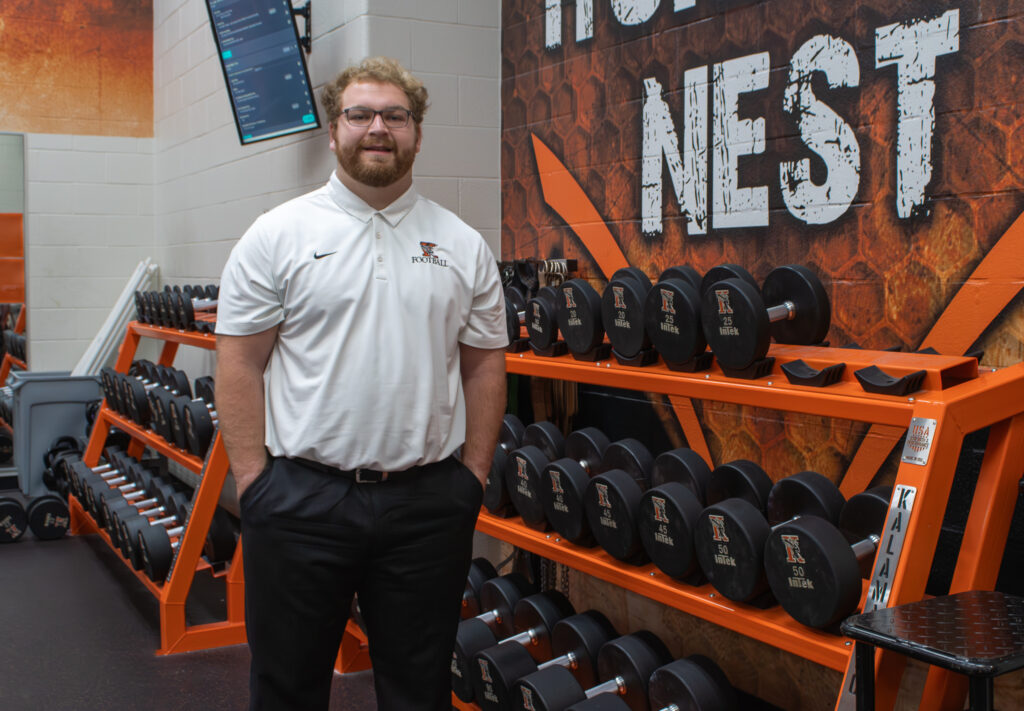 Cody Rigley ’25 in the Anderson Athletic Center weight room.