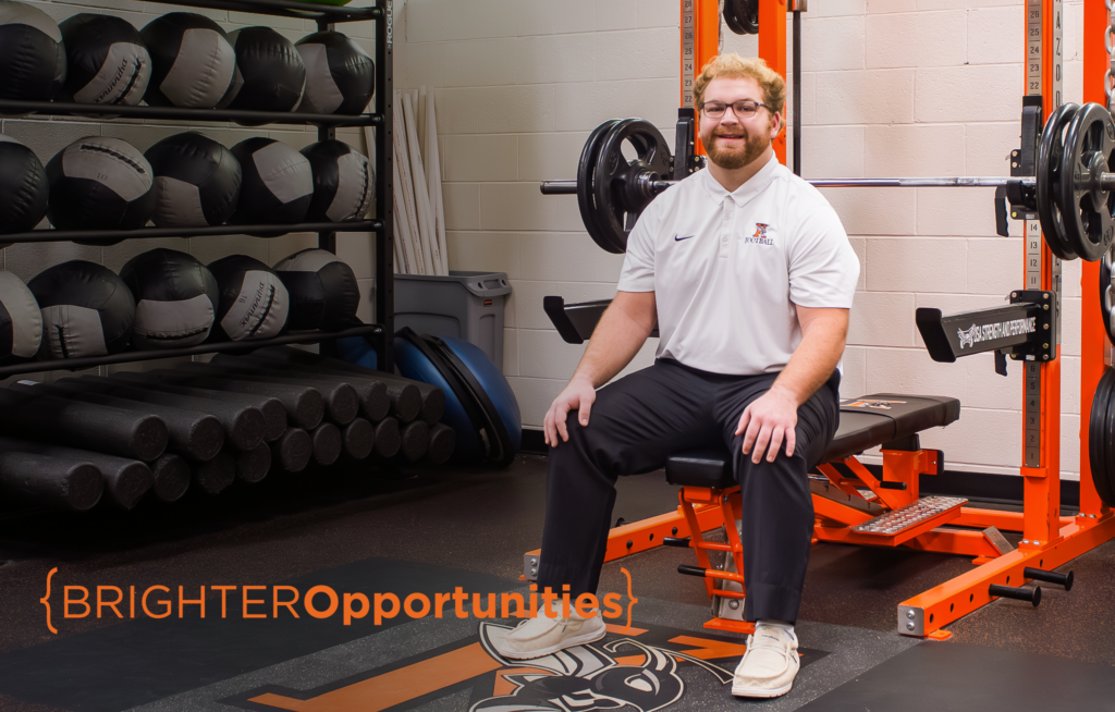 Cody Rigley ’25 in the Anderson Athletic Center weight room. And illustrated graphic showing Brighter Opportunities