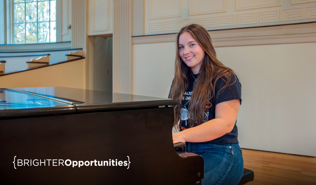 Dilynn Everitt '26 poses in front of a piano in Stetson Chapel. and illustrated graphic showing Brighter Opportunities