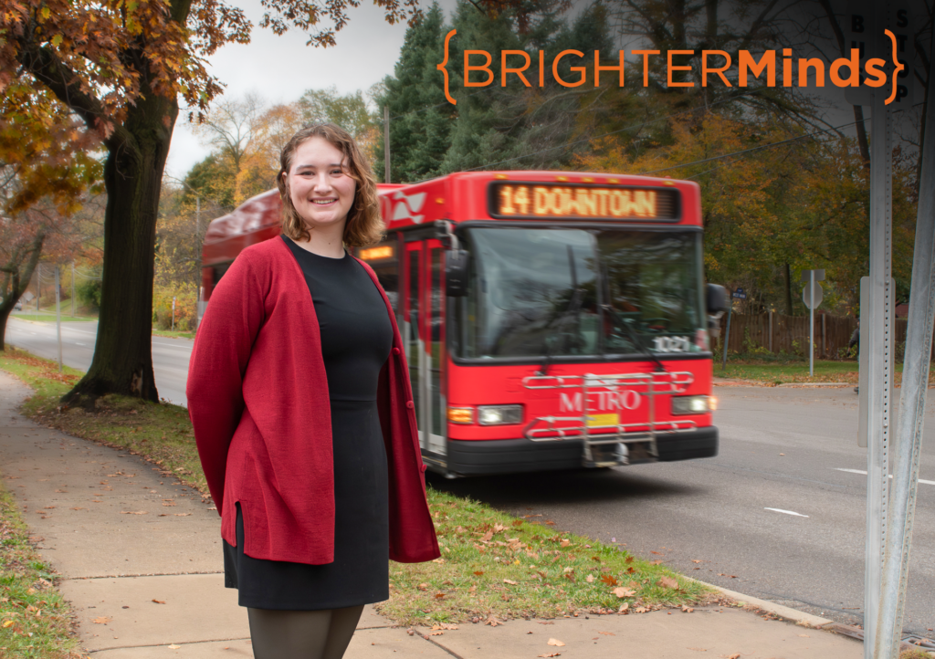 Sage Lewis '25 standing at a bus stop near Kalamazoo College with a Kalamazoo Metro Bus visible in the background. And illustrated graphic showing Brighter Opportunities