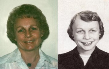 Older Evelyn (Biek) Davis '54 smiling on the left in a light-colored blouse with a pendant, and younger Evelyn on the right, smiling in a dark top with a white collar, in a black-and-white photo.