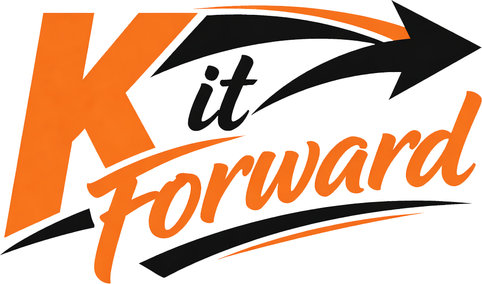 Logo featuring the text "K it Forward" in a dynamic, slanted design. The large "K" and the word "Forward" are in bright orange, while "it" is in black script. A black swooping arrow points upward and to the right behind the text, with smaller orange and black accent swooshes beneath the word "Forward."